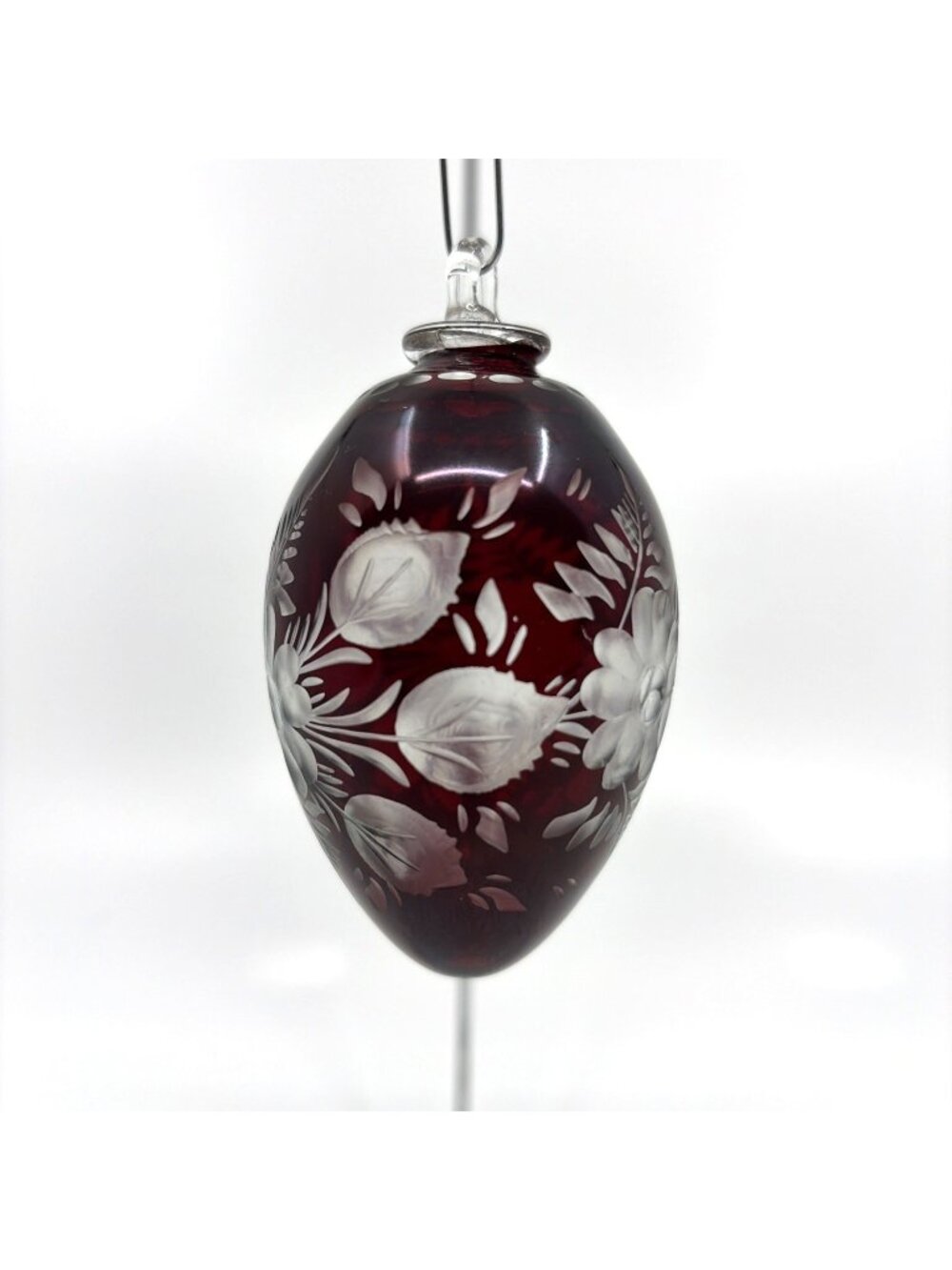 Czech Ruby Cut To Clear Glass Egg Ornament Hand Etched Integral Glass Loop 3"